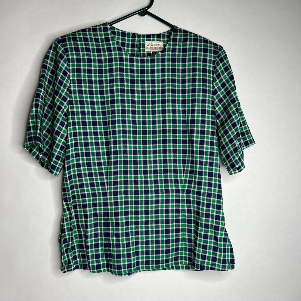 Susan Bristol Blouse Shirt Women Size 10 Colorful Preppy 80's Vintage Plaid Navy